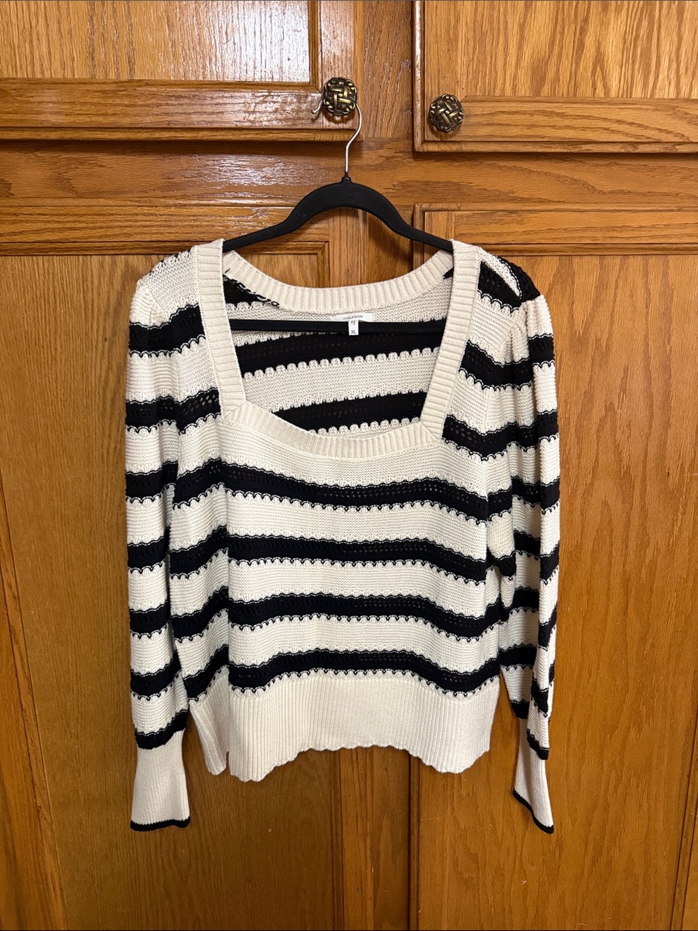 Maurices Black and Cream Striped Square Neck Knit Top